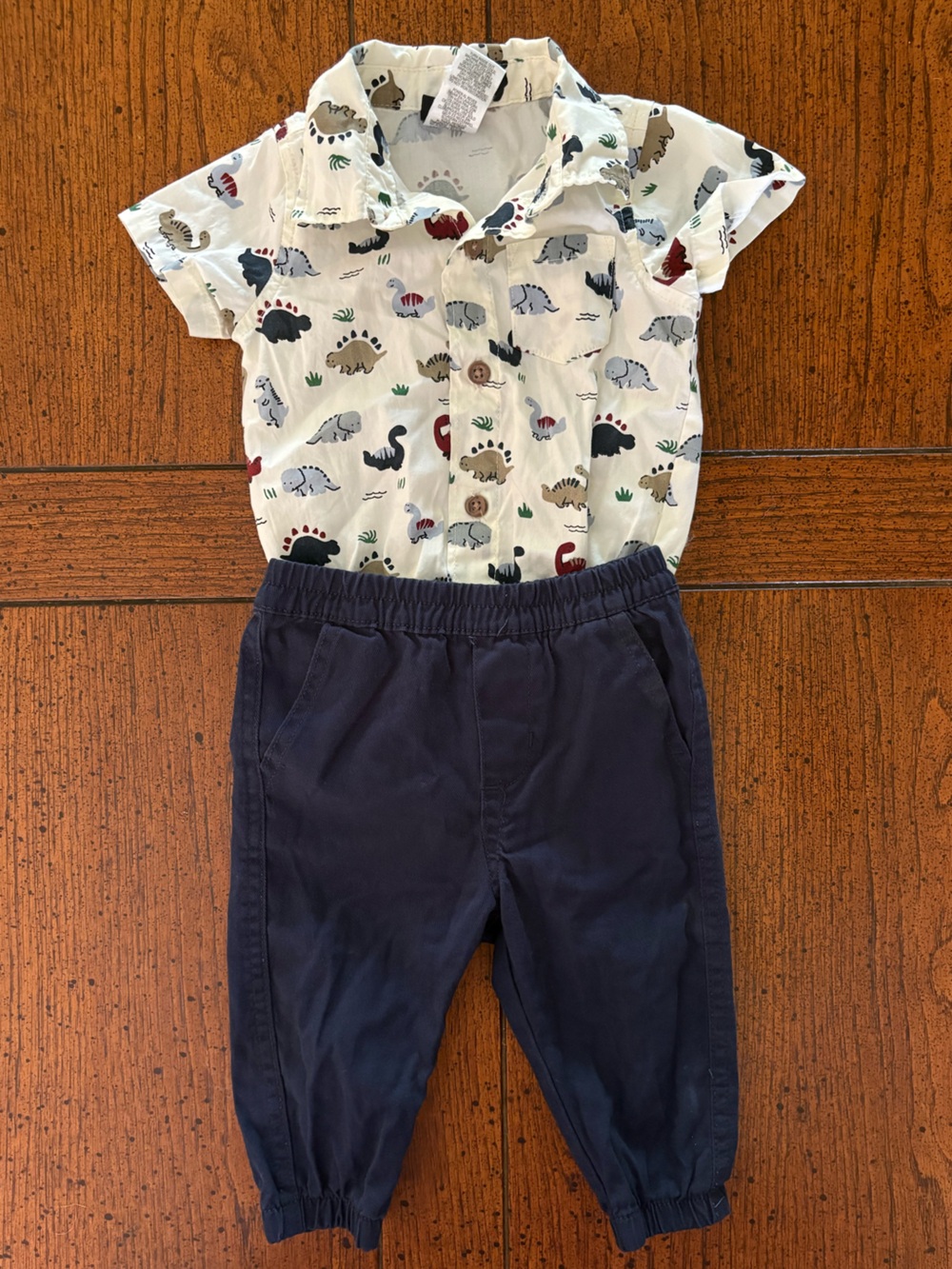 Baby Boy Dino Print Button-Up Collared Onesie & Navy Jogger Pant Set, 3-6 month
